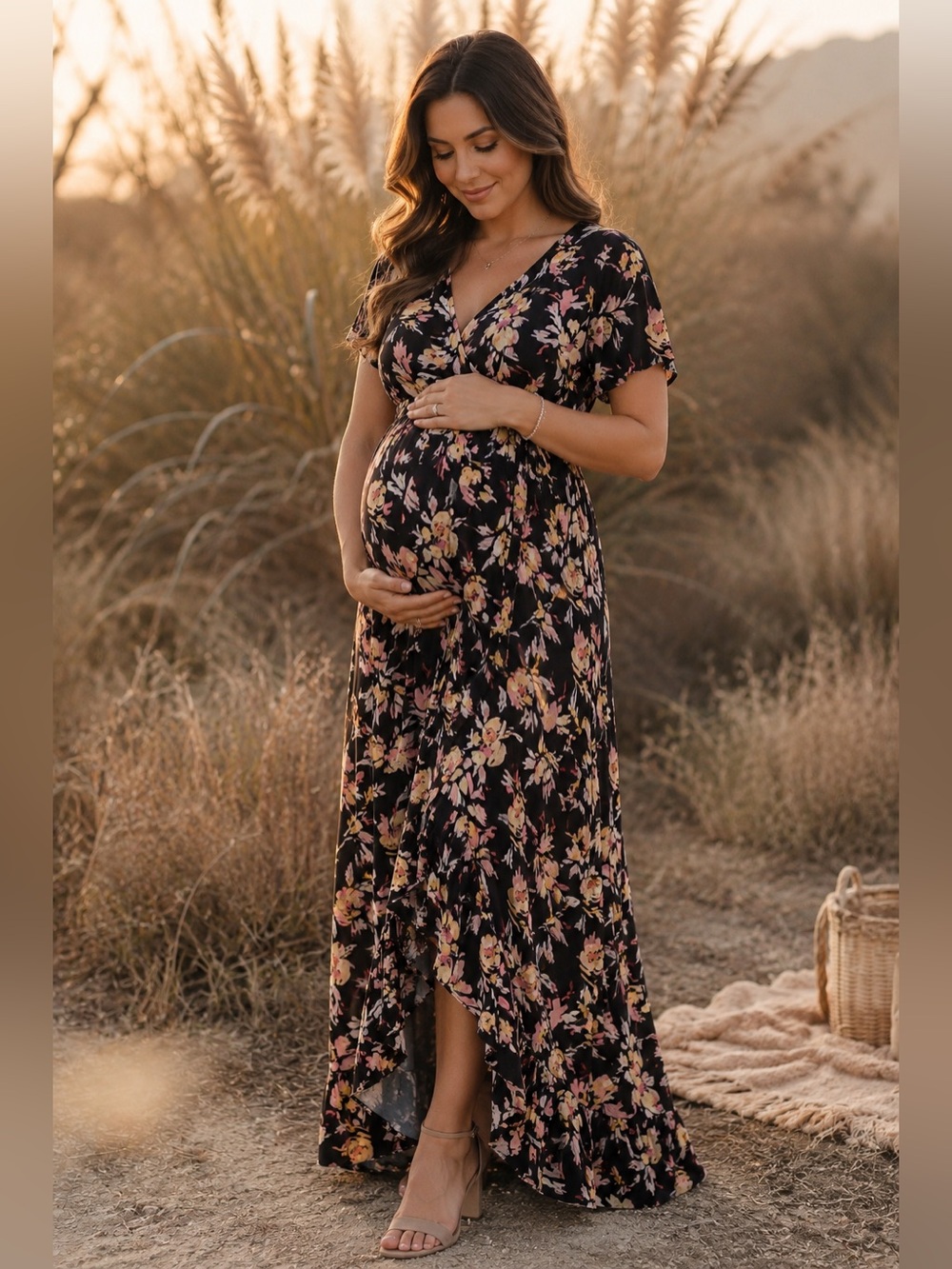 Isabel Maternity Floral Faux Wrap Maxi Dress Size Large Soft Stretch Rayon Blend